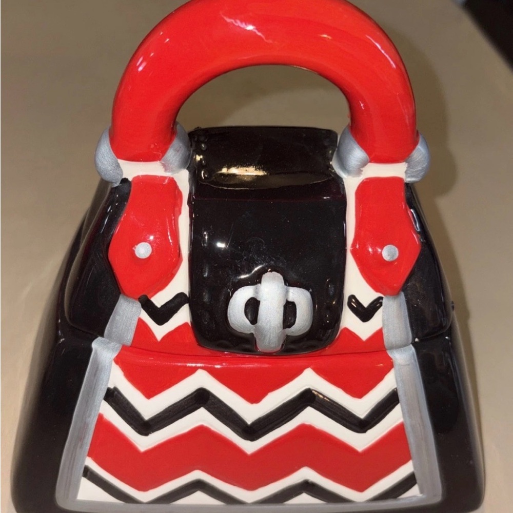 David's Cookies Ceramic Cookie Jar Red Black White Striped Purse